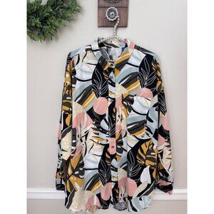 CALIA Womens Size XL Tropical Leaf Print Blouse Button Front Long Sleeve